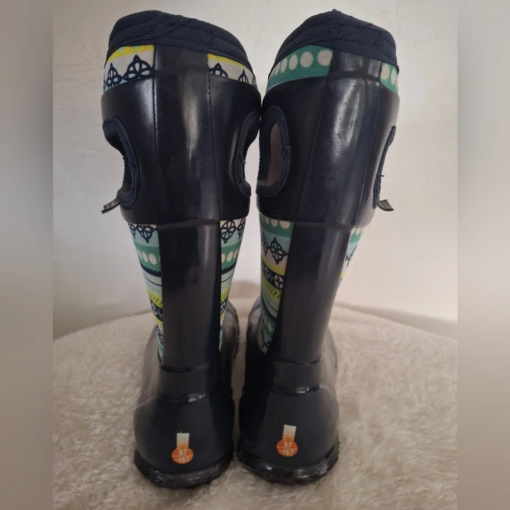Kid's BOGS North Hampron Patterned Rain Boots - Navy and Green Size 4.
